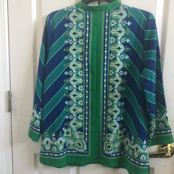 Bob Mackie Wearable Art Green & Blue Print Blouse Sz M - Picture 4 of 9